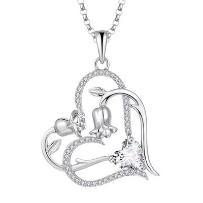 YASVITTI OEM Regalo de Mujeres Collar Corazón a Corazón Cubico Zirconia Rodio Revestido Dulce 925 Plata Esterlina Corazón Doble