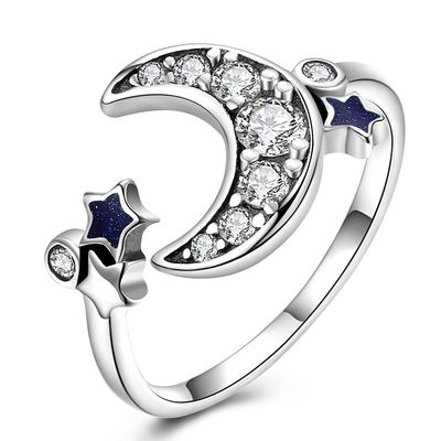 Estrella y Crescent Moon Open Ring delicados 925 muchachas Crystal Eternity Rings de Sterling Silver For Women Teen