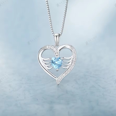 YASVITTI 925 Corazón de plata esterlina Topaz y zirconia cúbica Angel Wing Pendant Collar Joyería romántica para mujeres
