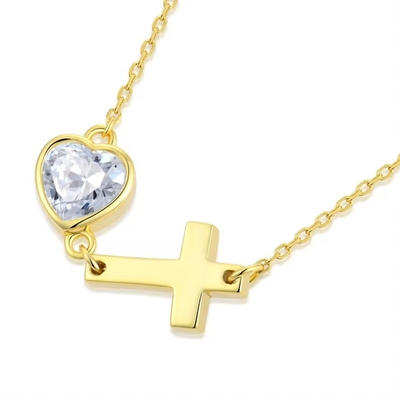 YASVITTI Bezel Heart Cubic Zirconia Collar 925 de plata Collar de cruz clásica de plata 18K Oro Revestido Fábrica al por mayor