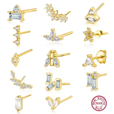 925 plata esterlina Joyería al por mayor Minimalista Pequeño 925 plata esterlina Zircón Auriculares de punta Auriculares dorados Para mujeres