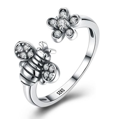 Anillo lindo de la flor de la abeja ajustable de Sterling Silver 925