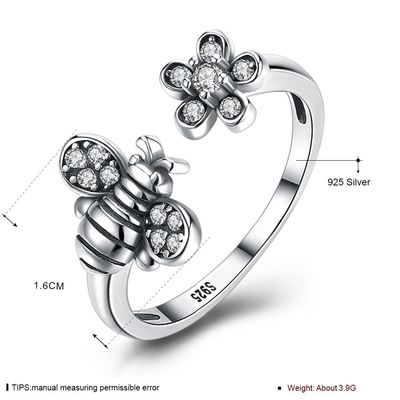 Anillo lindo de la flor de la abeja ajustable de Sterling Silver 925