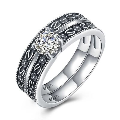 Sistema de alta calidad de los anillos de bodas del compromiso de Sterling Silver Diamond Studded Cluster de la obra clásica 925