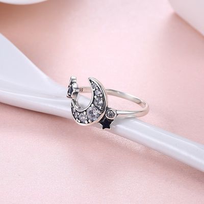Estrella y Crescent Moon Open Ring delicados 925 muchachas Crystal Eternity Rings de Sterling Silver For Women Teen