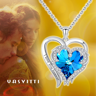 cristal azul 925 Sterling Silver de Austrian crystal del corazón de los 0.79x0.98in del collar doble de la cruz